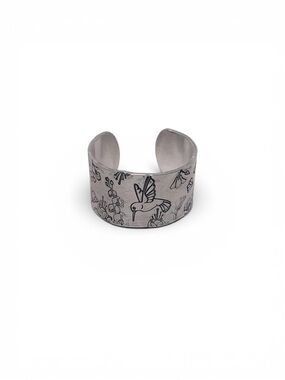 Handmade 9‎ stamped hummingbird floral hypoallergenic silver wide cuff ring